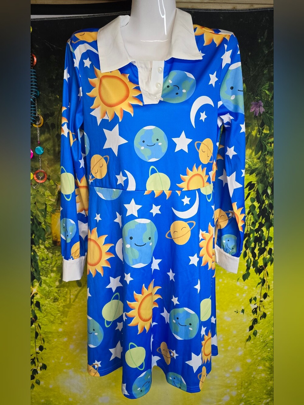 #115 Blue Celestial Print Mini Dress with White Collar